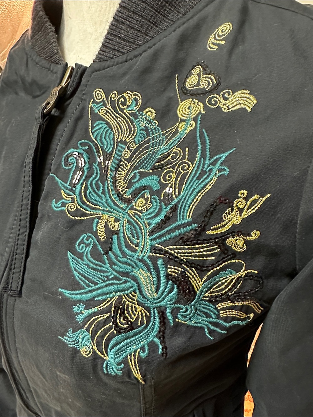 Diesel Black Bomber Jacket with Teal & Gold Embroidery - Picture 3 of 14